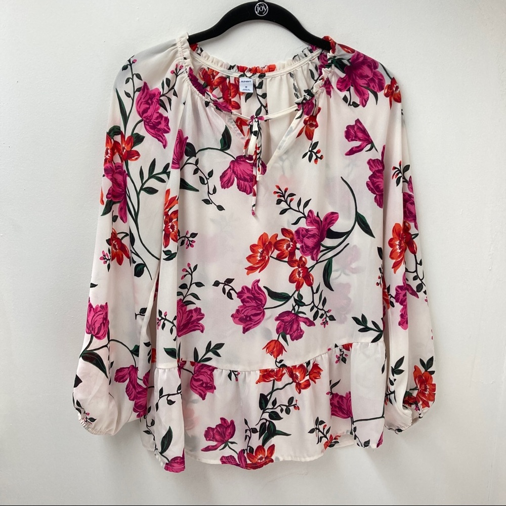 Old Navy Floral Colorful Peplum Puff Sleeve Blouse Top Womens Size M